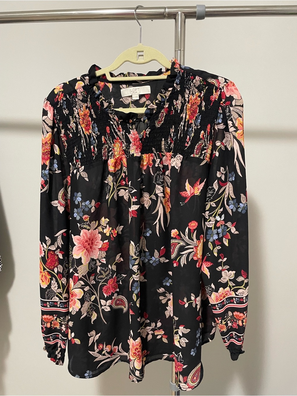 LOFT Black Floral Smocked-Yoke Long Sleeve Top